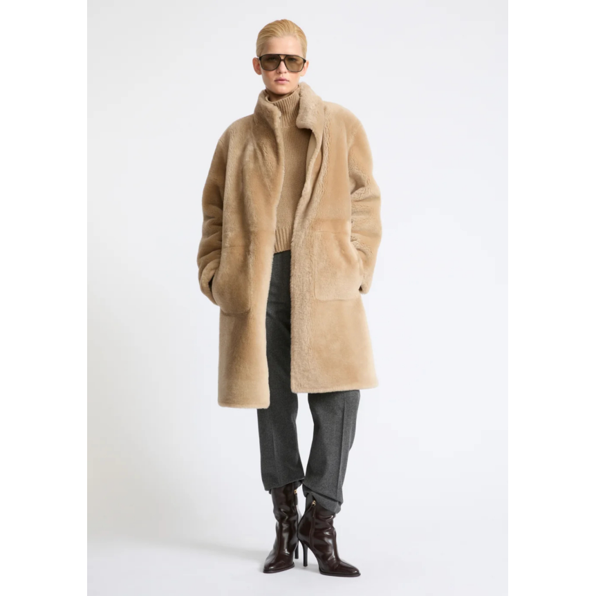 Manteau YVES SALOMON peau lainée agneau shearling réversible cuir beige ceinture
