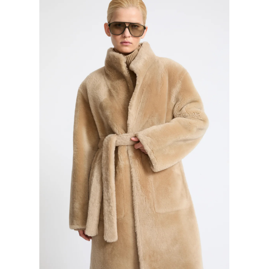 Manteau YVES SALOMON peau lainée agneau shearling réversible cuir beige ceinture
