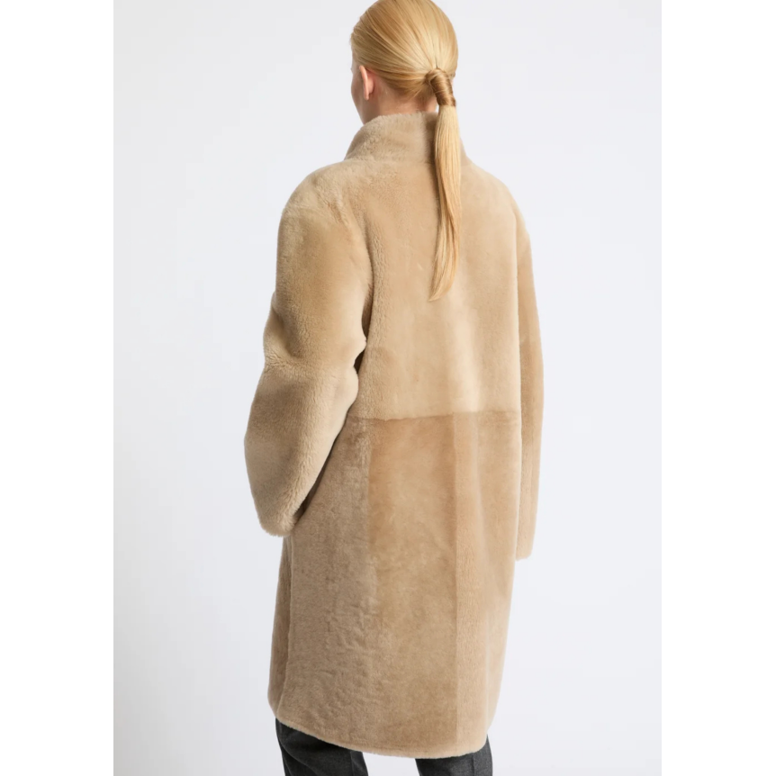 Manteau YVES SALOMON peau lainée agneau shearling réversible cuir beige ceinture