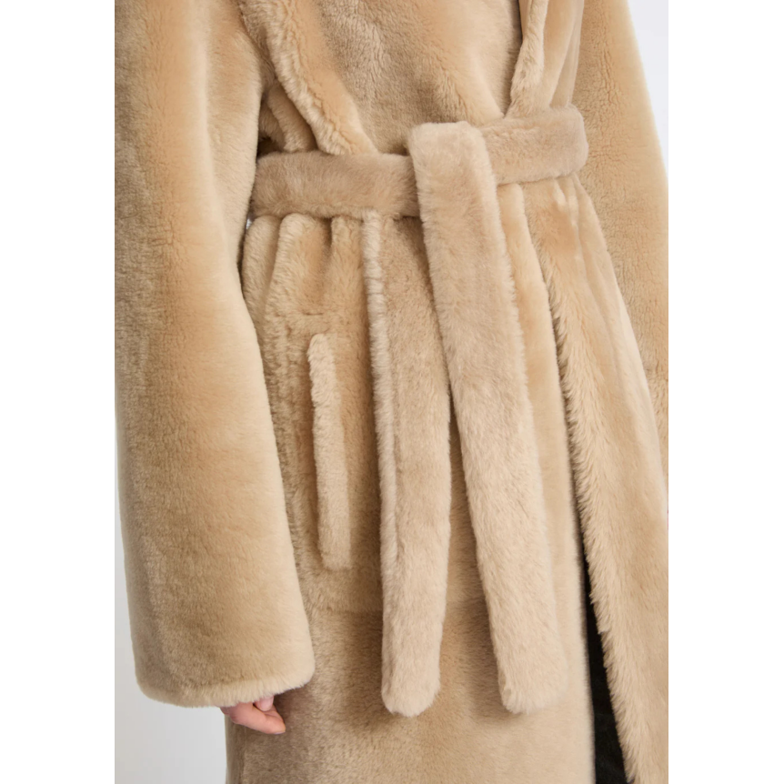 Manteau YVES SALOMON peau lainée agneau shearling réversible cuir beige ceinture