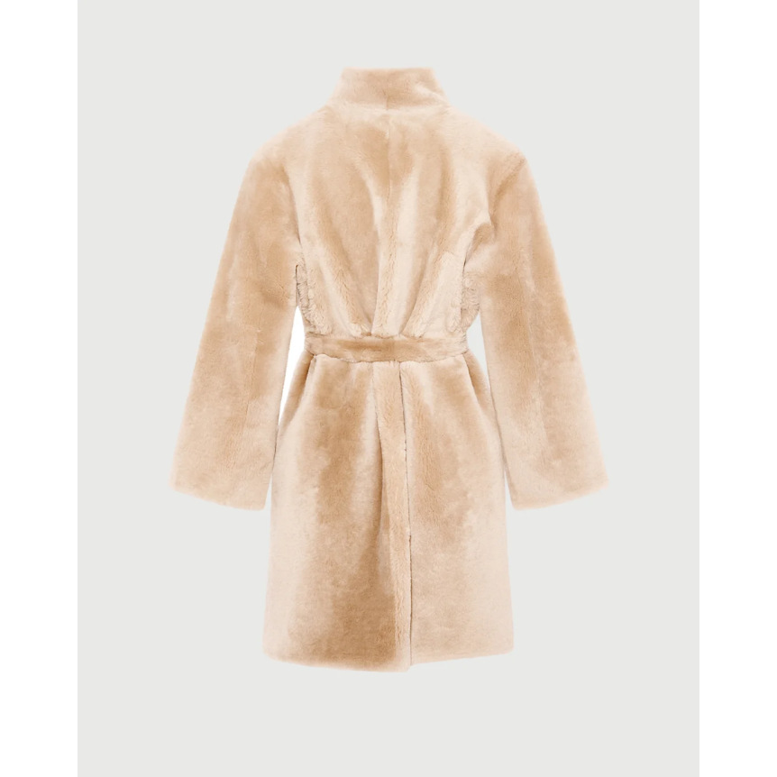 Manteau YVES SALOMON peau lainée agneau shearling réversible cuir beige ceinture