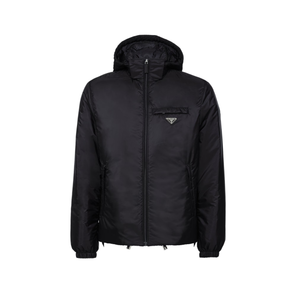 Doudoune à capuche PRADA Re nylon noir poche poitrine logo métal