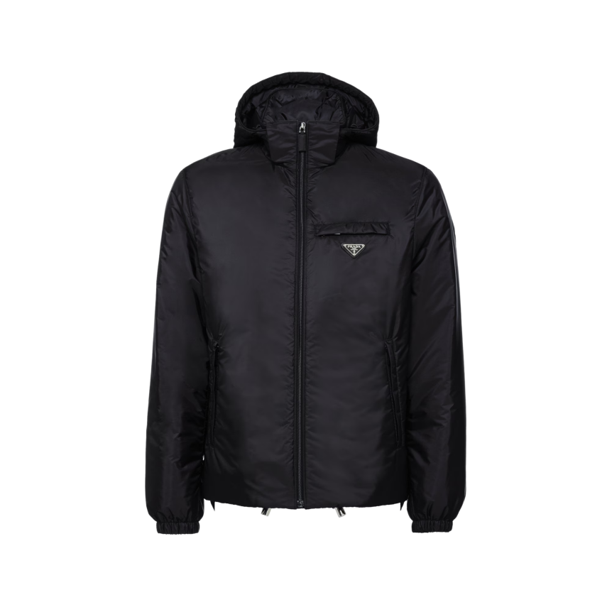Doudoune à capuche PRADA Re nylon noir poche poitrine logo métal
