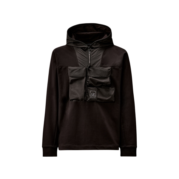 Sweat à capuche demi zip molleton coton stretch noir nylon poche