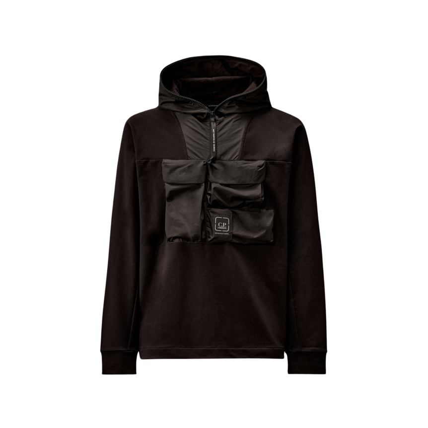 Sweat à capuche demi zip molleton coton stretch noir nylon poche