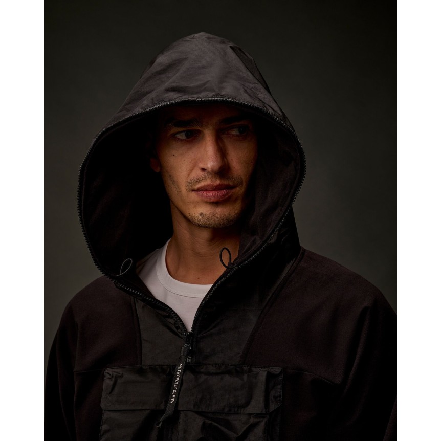 Sweat à capuche demi zip molleton coton stretch noir nylon poche