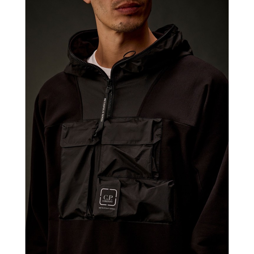 Sweat à capuche demi zip molleton coton stretch noir nylon poche