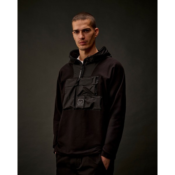Sweat à capuche demi zip molleton coton stretch noir nylon poche