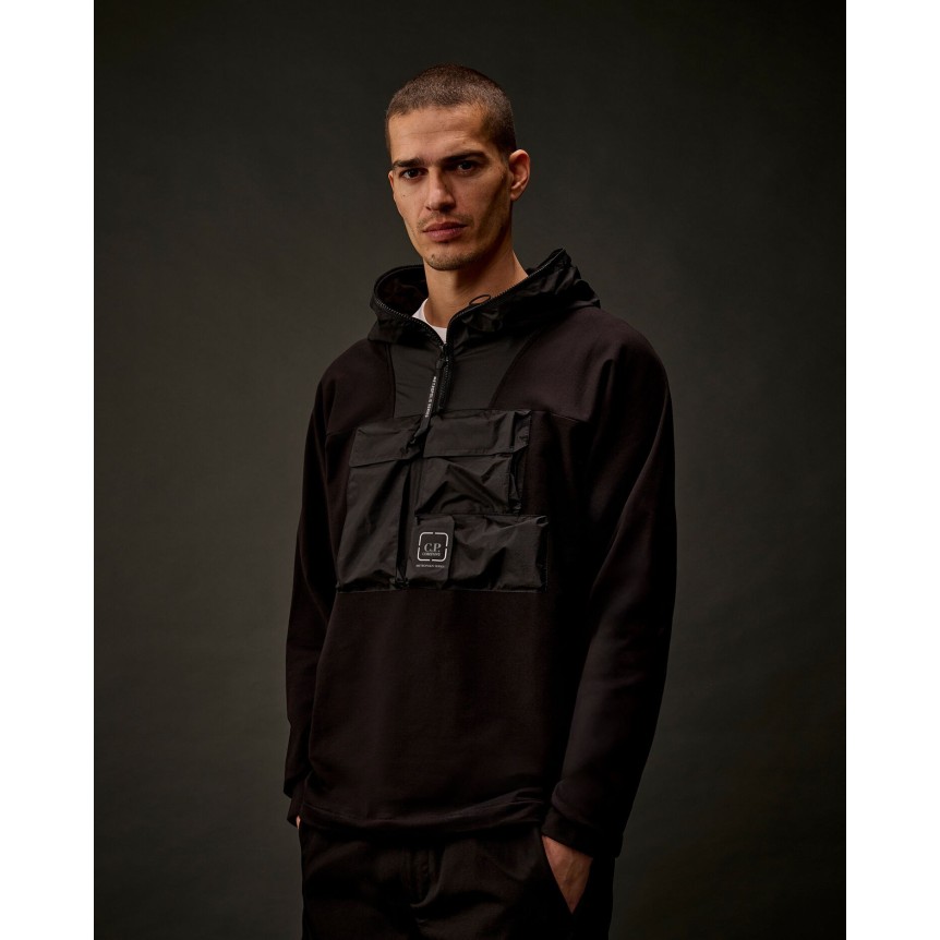 Sweat à capuche demi zip molleton coton stretch noir nylon poche