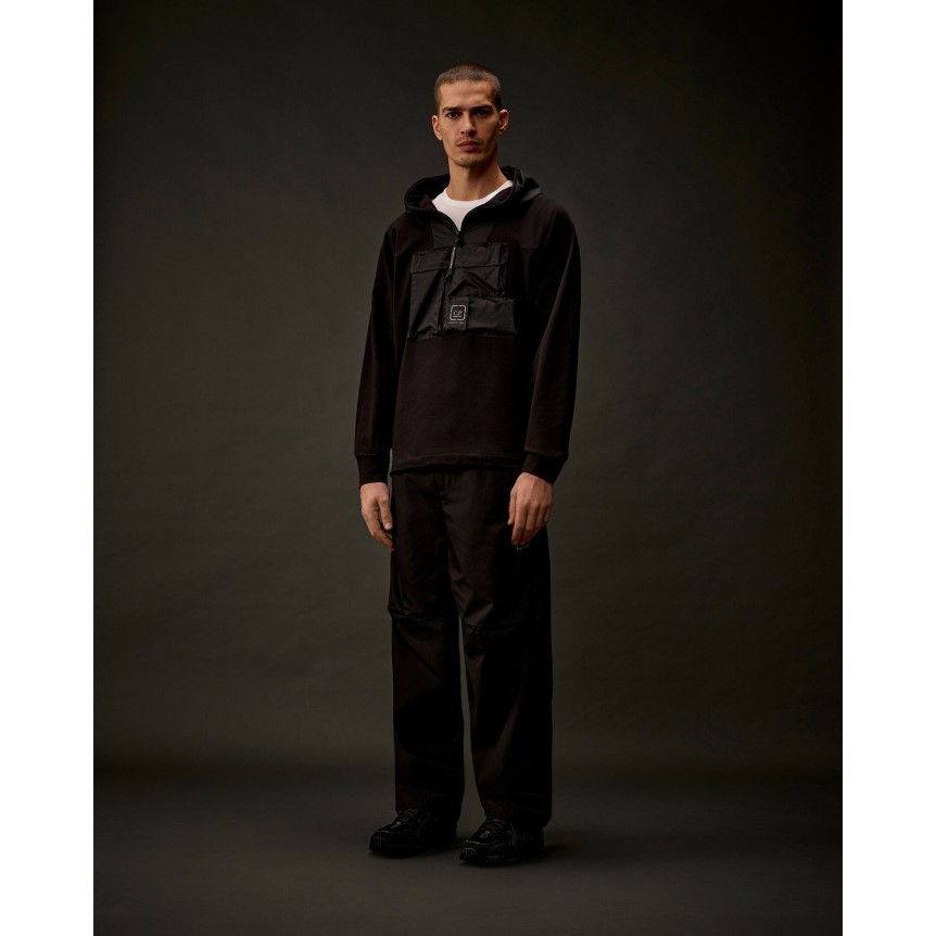 Sweat à capuche demi zip molleton coton stretch noir nylon poche