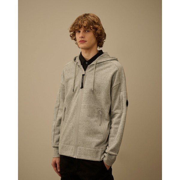 Sweat à capuche zippé CP COMPANY molleton coton diagonal gris chiné