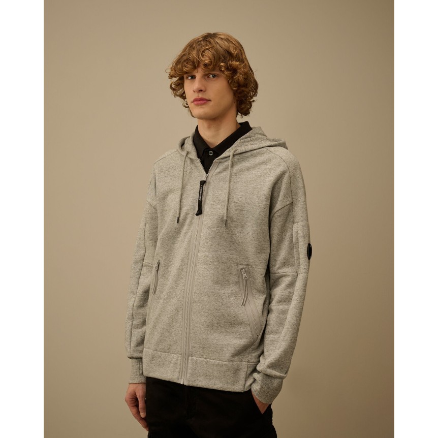Sweat à capuche zippé CP COMPANY molleton coton diagonal gris chiné