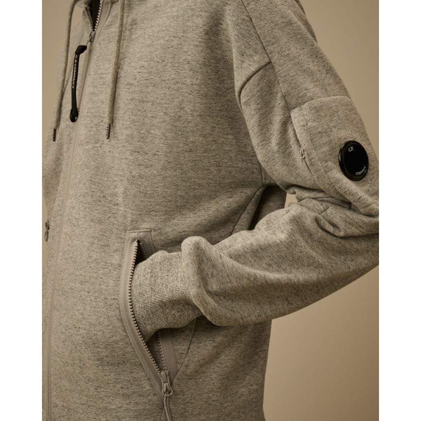 Sweat à capuche zippé CP COMPANY molleton coton diagonal gris chiné