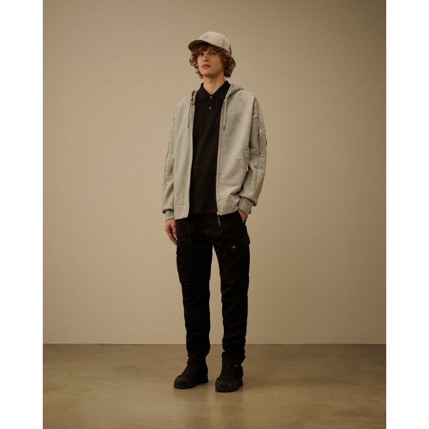 Sweat à capuche zippé CP COMPANY molleton coton diagonal gris chiné
