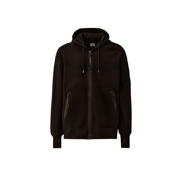Sweat à capuche zippé CP COMPANY molleton coton diagonal noir