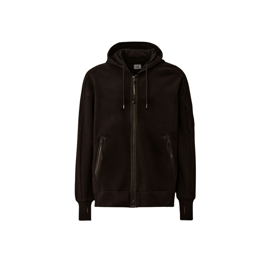 Sweat à capuche zippé CP COMPANY molleton coton diagonal noir