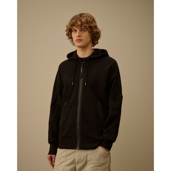 Sweat à capuche zippé CP COMPANY molleton coton diagonal noir