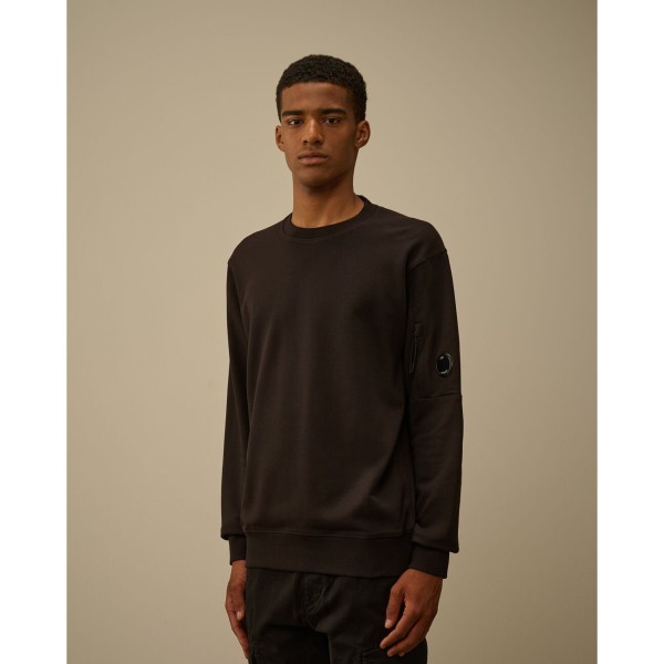 Sweat shirt col rond CP COMPANY molleton à relief diagonal coton côtelé noir lentille poche