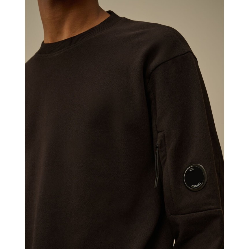 Sweat shirt col rond CP COMPANY molleton à relief diagonal coton côtelé noir lentille poche