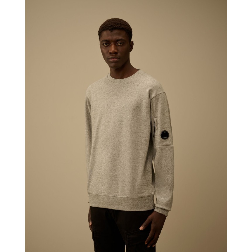 Sweat shirt col rond CP COMPANY molleton à relief diagonal coton côtelé gris chiné lentille poche