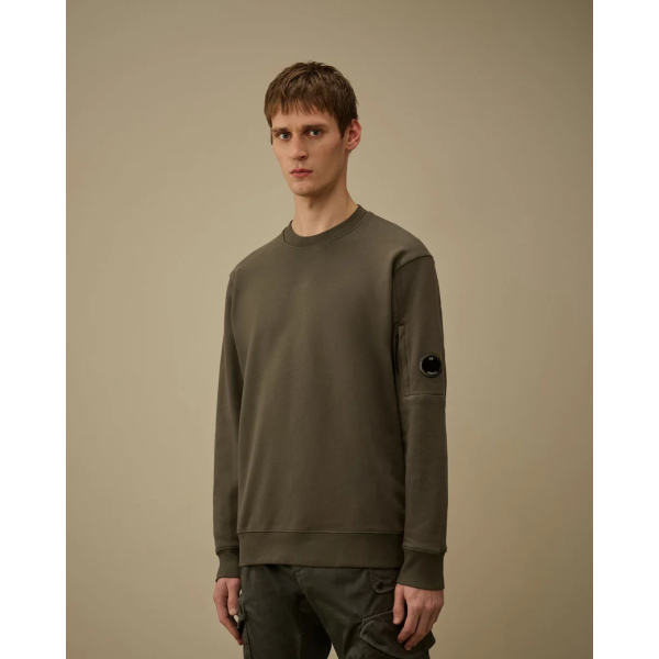 Sweat shirt col rond CP COMPANY molleton à relief diagonal coton côtelé gris vert lentille poche