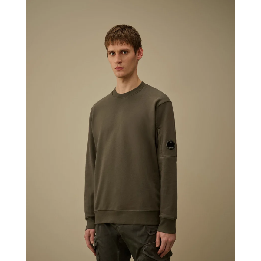 Sweat shirt col rond CP COMPANY molleton à relief diagonal coton côtelé gris vert lentille poche