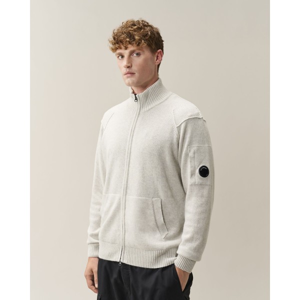 Cardigan pull zippé CP COMPANY laine mélangée blanc chiné