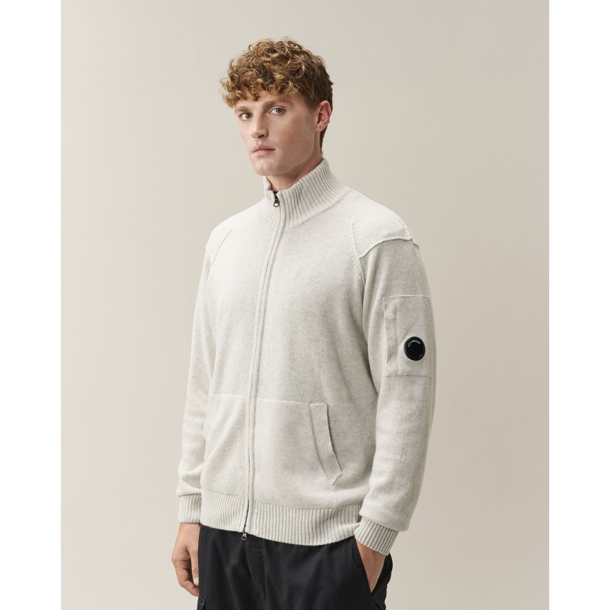 Cardigan pull zippé CP COMPANY laine mélangée blanc chiné