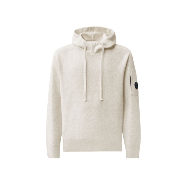Pull à capuche CP COMPANY laine mélangée blanc chiné lentille manche