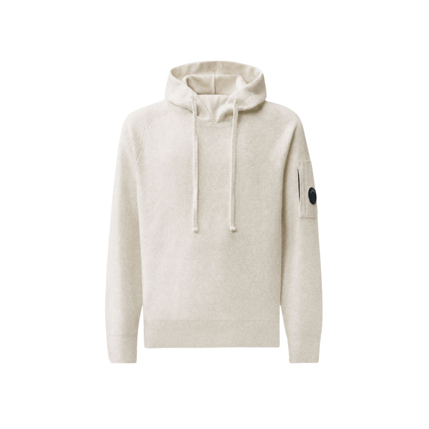 Pull à capuche CP COMPANY laine mélangée blanc chiné lentille manche