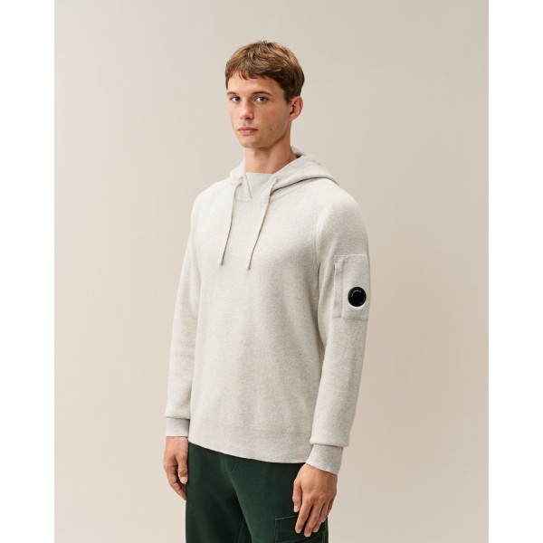 Pull à capuche CP COMPANY laine mélangée blanc chiné lentille manche