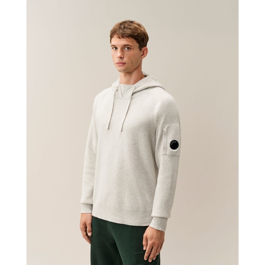 Pull à capuche CP COMPANY laine mélangée blanc chiné lentille manche