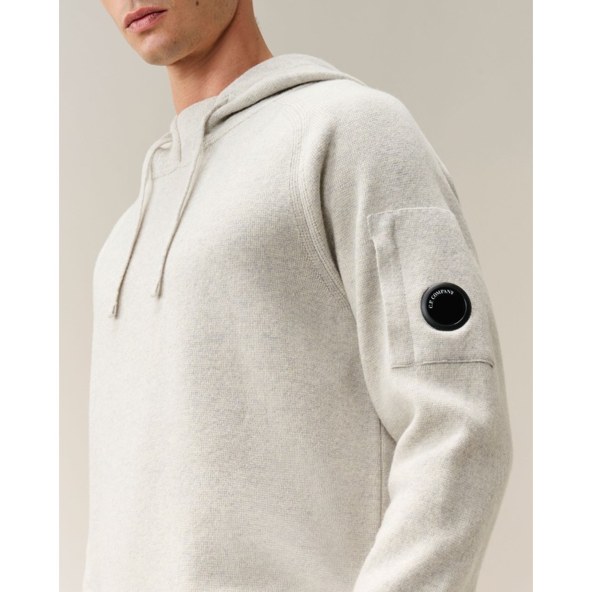 Pull à capuche CP COMPANY laine mélangée blanc chiné lentille manche