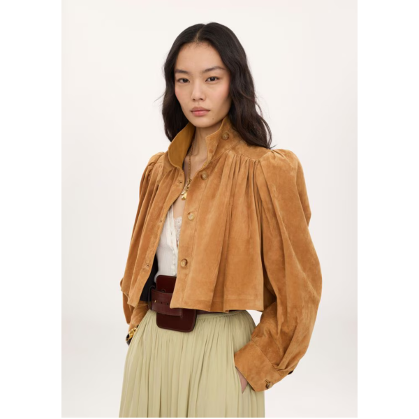 Blouson court boule CHLOE à boutons daim miel fronces col montant