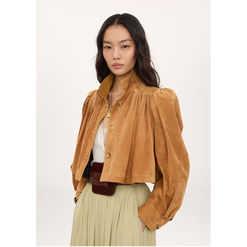 Blouson court boule CHLOE à boutons daim miel fronces col montant