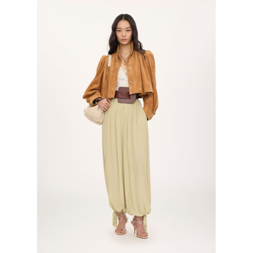 Blouson court boule CHLOE à boutons daim miel fronces col montant