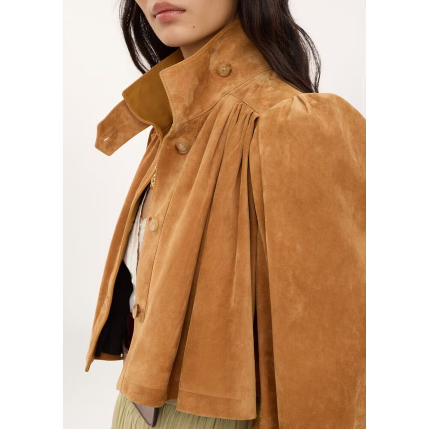 Blouson court boule CHLOE à boutons daim miel fronces col montant