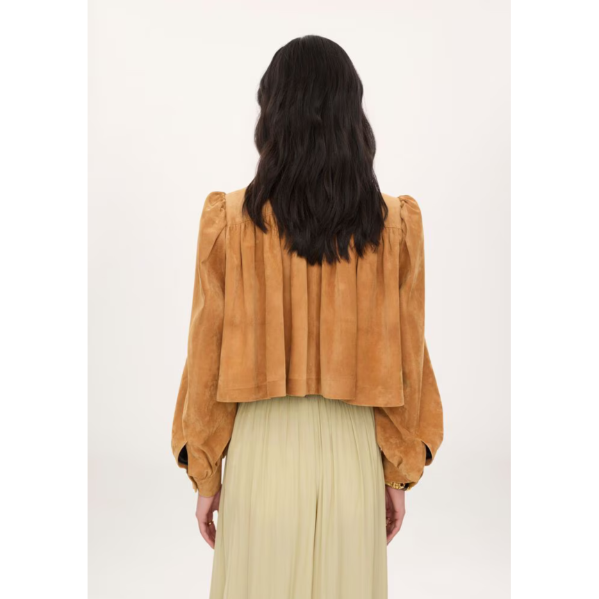Blouson court boule CHLOE à boutons daim miel fronces col montant