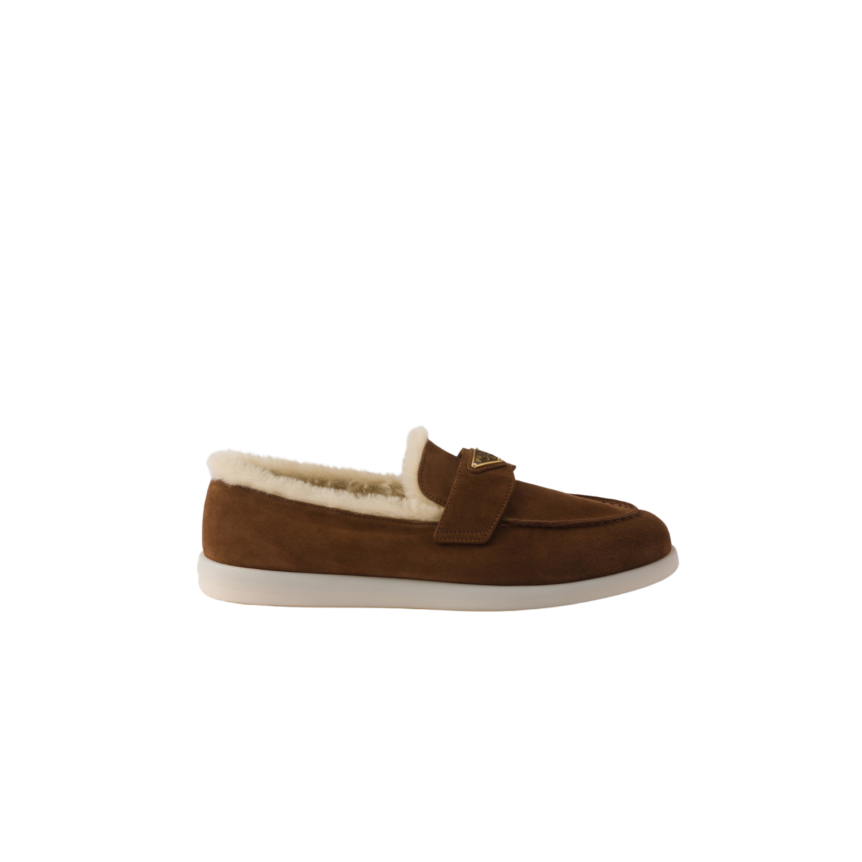PRADA Mocassins Saint Tropez cuir veau velours marron mouton shearling écru