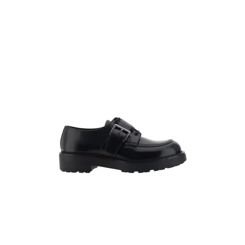 Derbies à lacets PRADA cuir brossé noir boucle semelle crantée