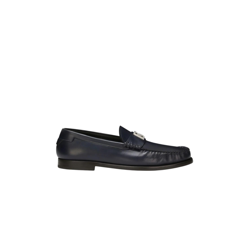 Mocassins DOLCE & GABBANA cuir bleu marine plaque logo DG argent