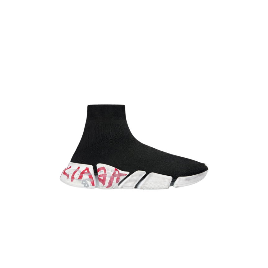 Sneaker BALENCIAGA Speed 2.0 Graffiti maille recyclée noire semelle blanc rouge