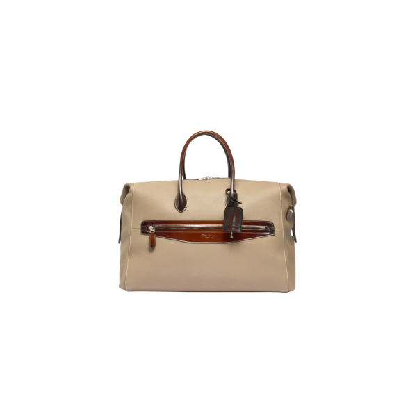 Sac porté main SANTONI cuir grainé foulonné beige anse cuir marron bandoulière