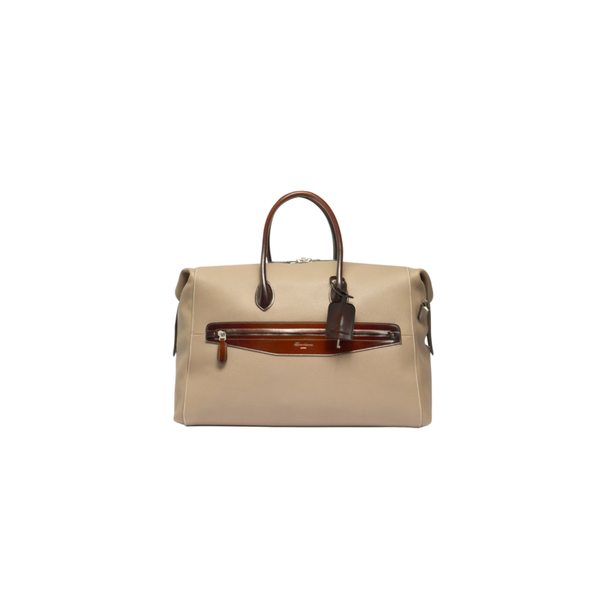 Sac porté main SANTONI cuir grainé foulonné beige anse cuir marron bandoulière