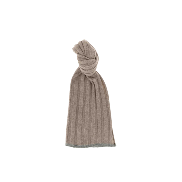 Echarpe BRUNELLO CUCINELLI cachemire côtelé beige ganse grise