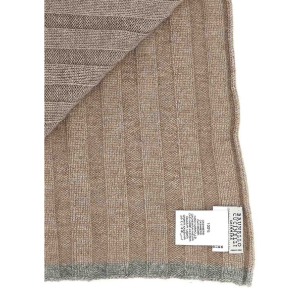 Echarpe BRUNELLO CUCINELLI cachemire côtelé beige ganse grise
