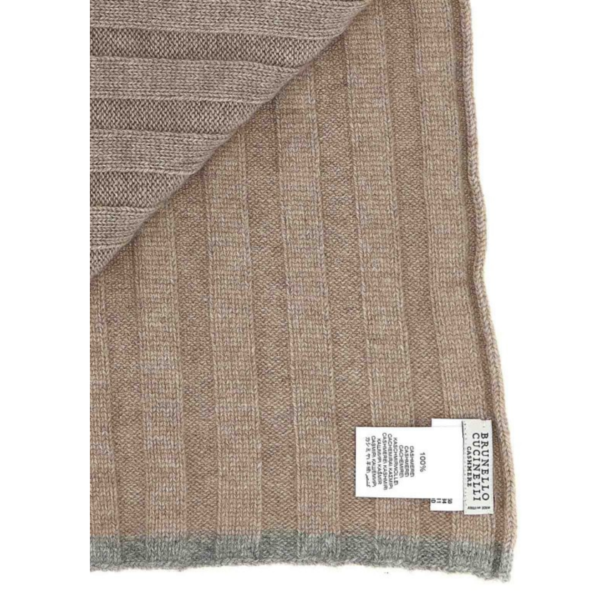 Echarpe BRUNELLO CUCINELLI cachemire côtelé beige ganse grise
