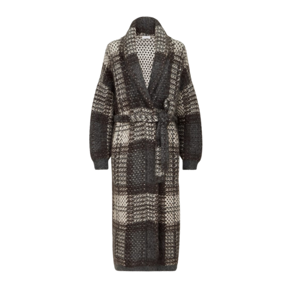 Manteau BRUNELLO CUCINELLI Dazzling Tartan laine mohair et vierge cachemire marron gris crème