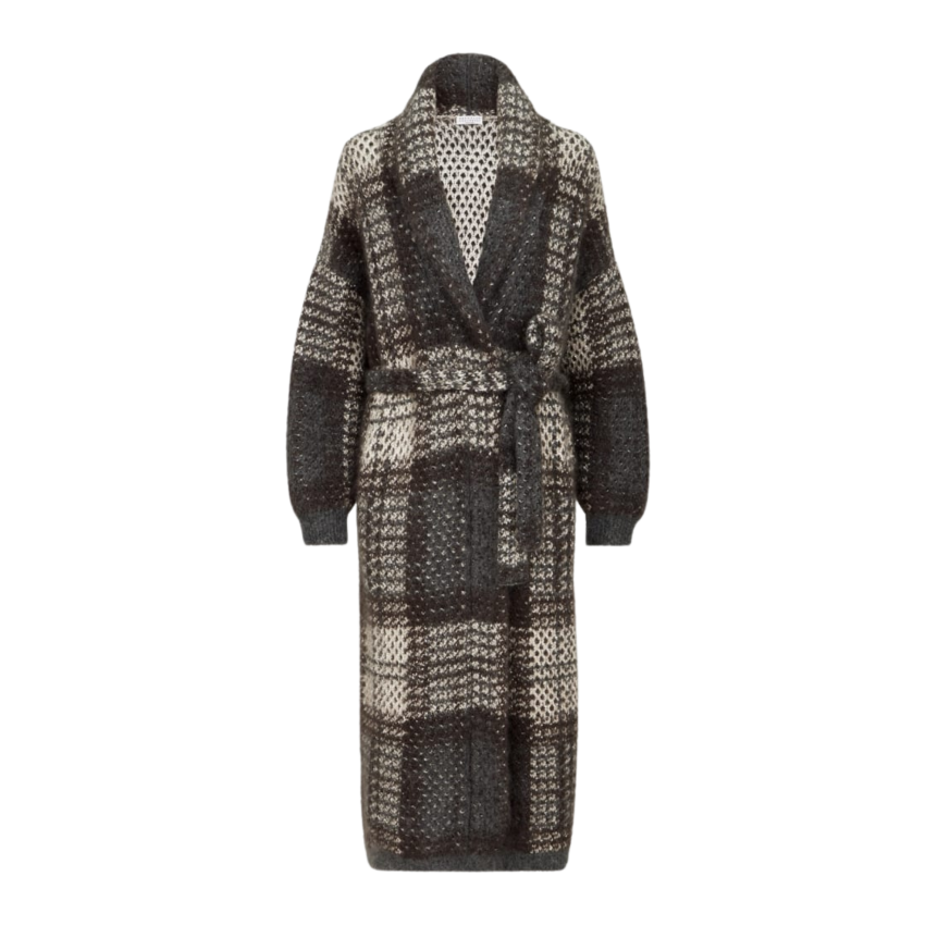 Manteau BRUNELLO CUCINELLI Dazzling Tartan laine mohair et vierge cachemire marron gris crème