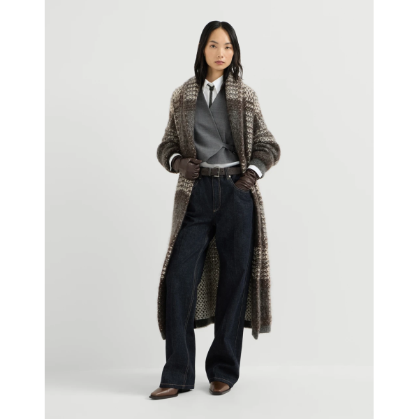 Manteau BRUNELLO CUCINELLI Dazzling Tartan laine mohair et vierge cachemire marron gris crème